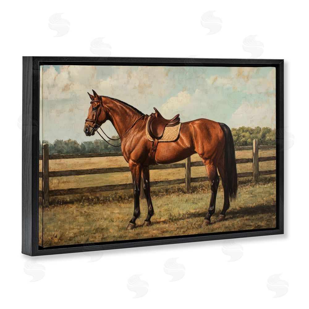 Petal Prints Design Chocolate Stag Saddled in Pasture Black Floating Frame Canvas Wall Art Print