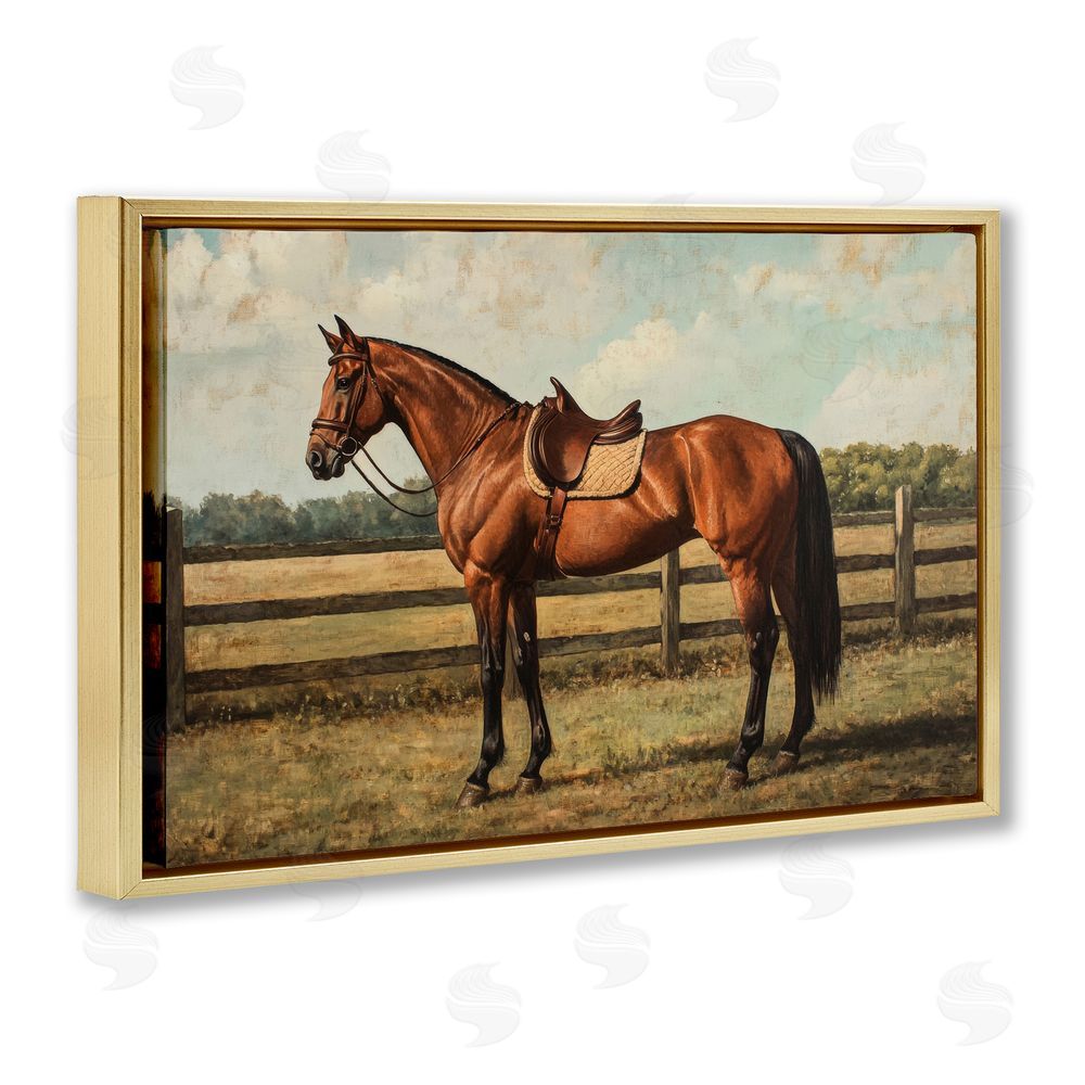 Petal Prints Design Chocolate Stag Saddled in Pasture Gold Floating Frame Canvas Wall Art Print
