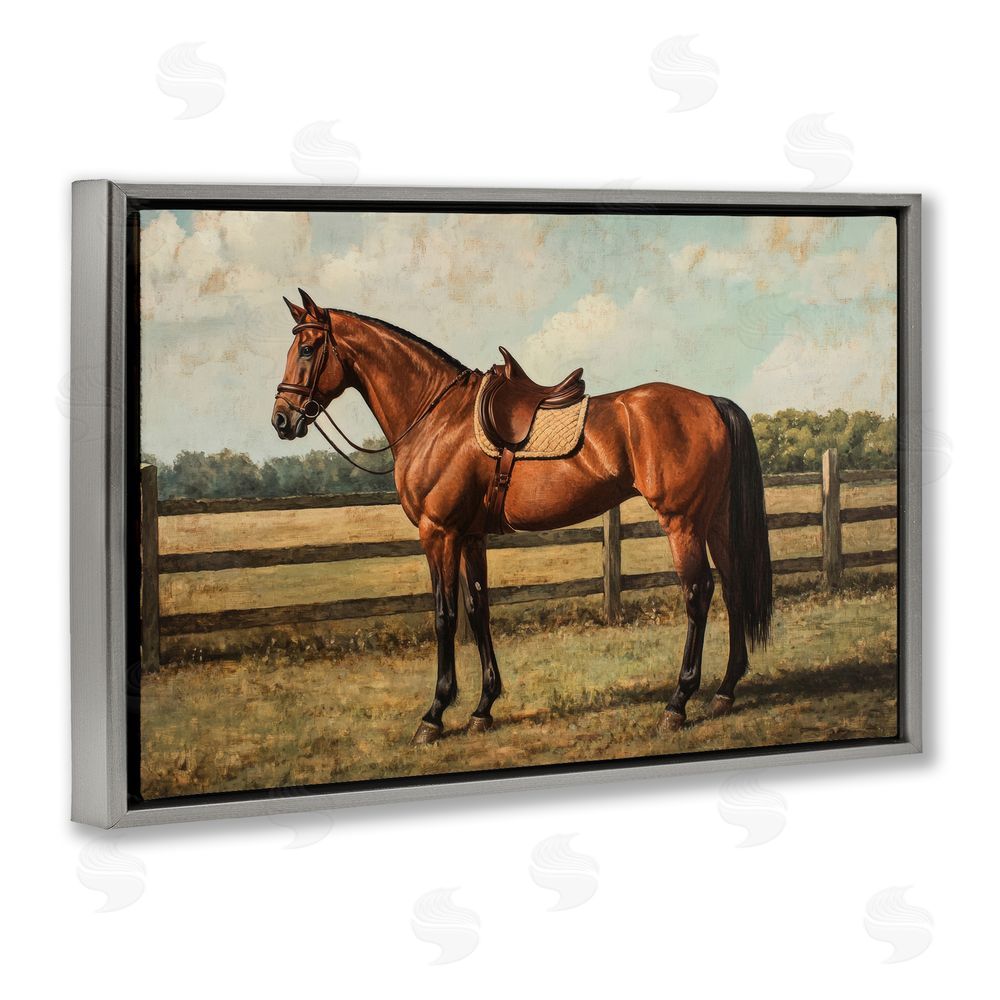 Petal Prints Design Chocolate Stag Saddled in Pasture Gray Floating Frame Canvas Wall Art Print