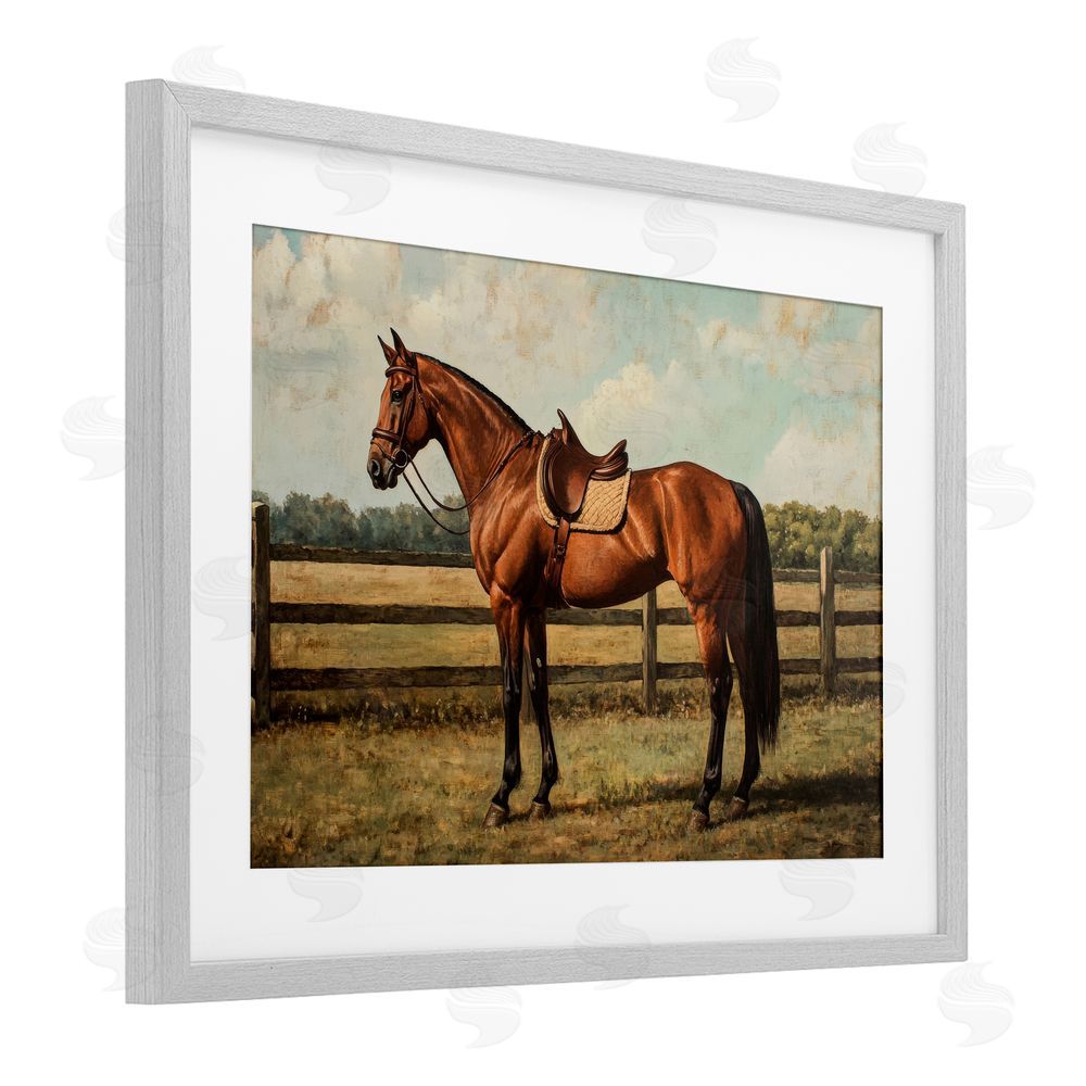 Petal Prints Design Chocolate Stag Saddled in Pasture Gray Framed Print Under Glass Wall Art