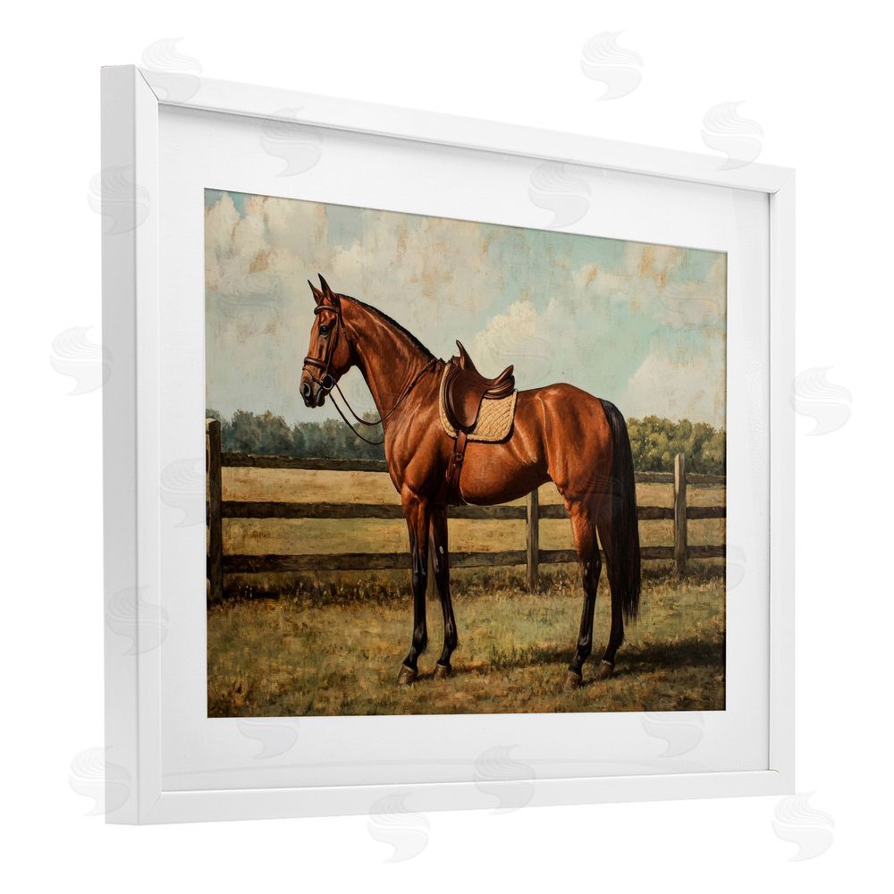 Petal Prints Design Chocolate Stag Saddled in Pasture White Framed Print Under Glass Wall Art