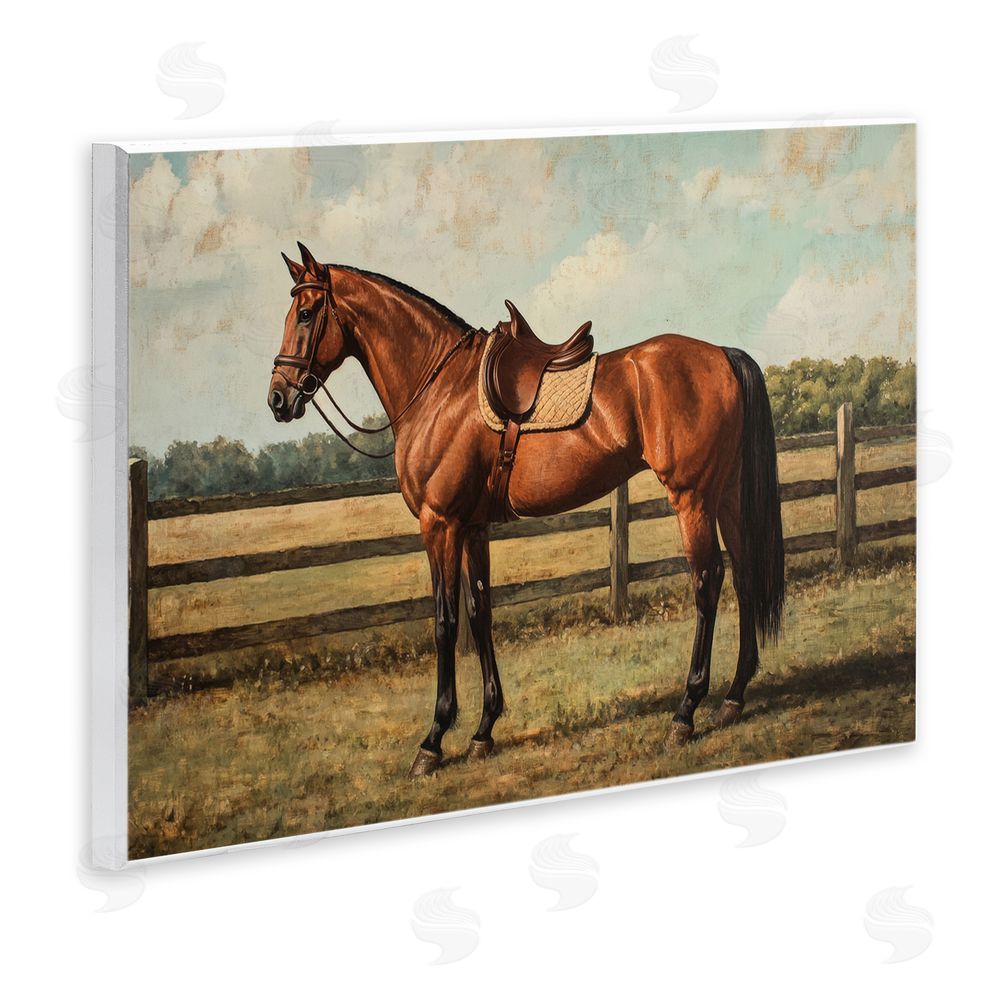Petal Prints Design Chocolate Stag Saddled in Pasture Wall Plaque with Fixed Lithograph Print
