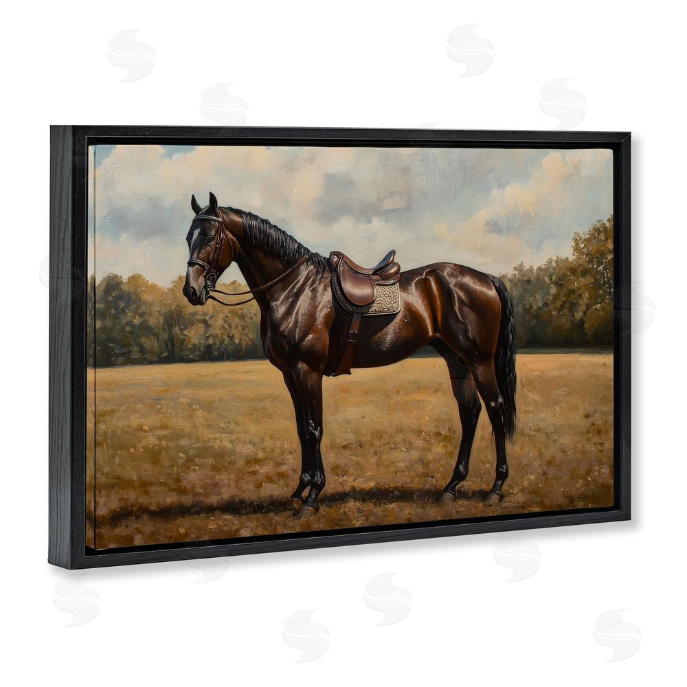 Petal Prints Design Dark Brown Pony Portrait Black Floating Frame Canvas Wall Art Print