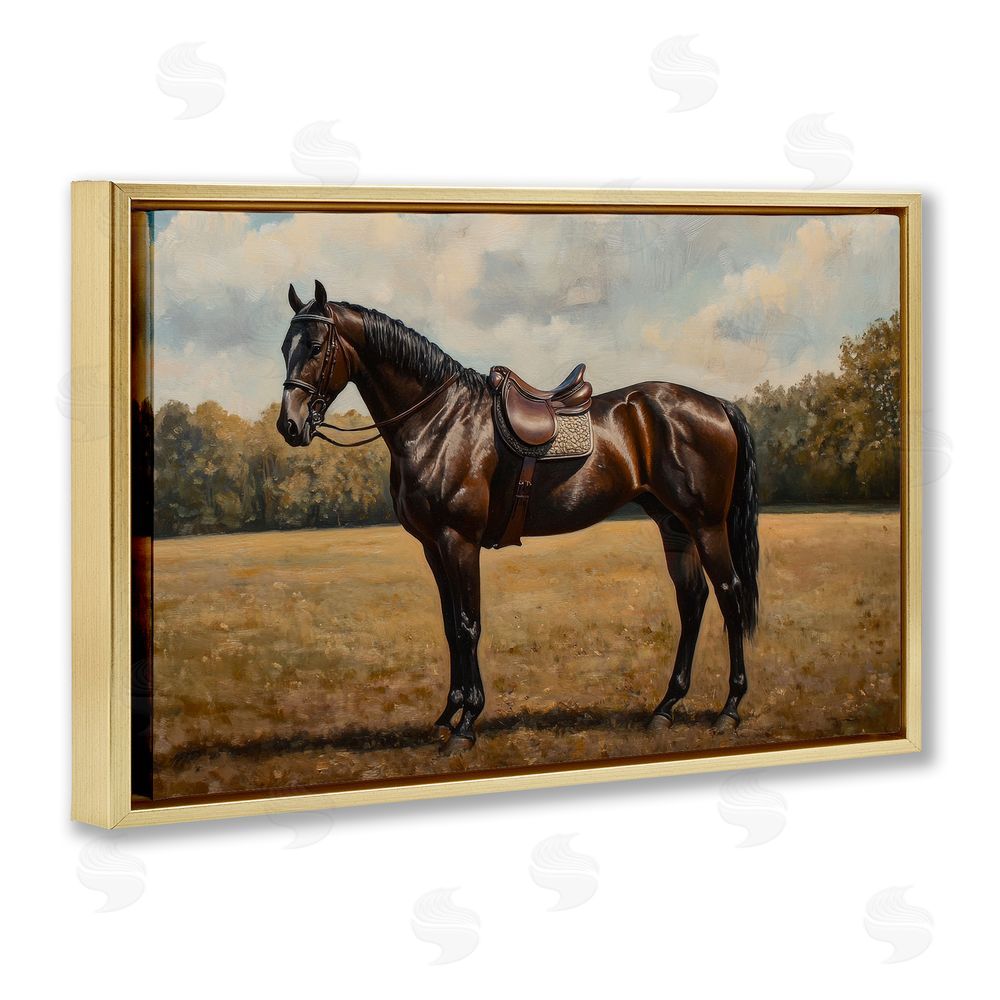 Petal Prints Design Dark Brown Pony Portrait Gold Floating Frame Canvas Wall Art Print