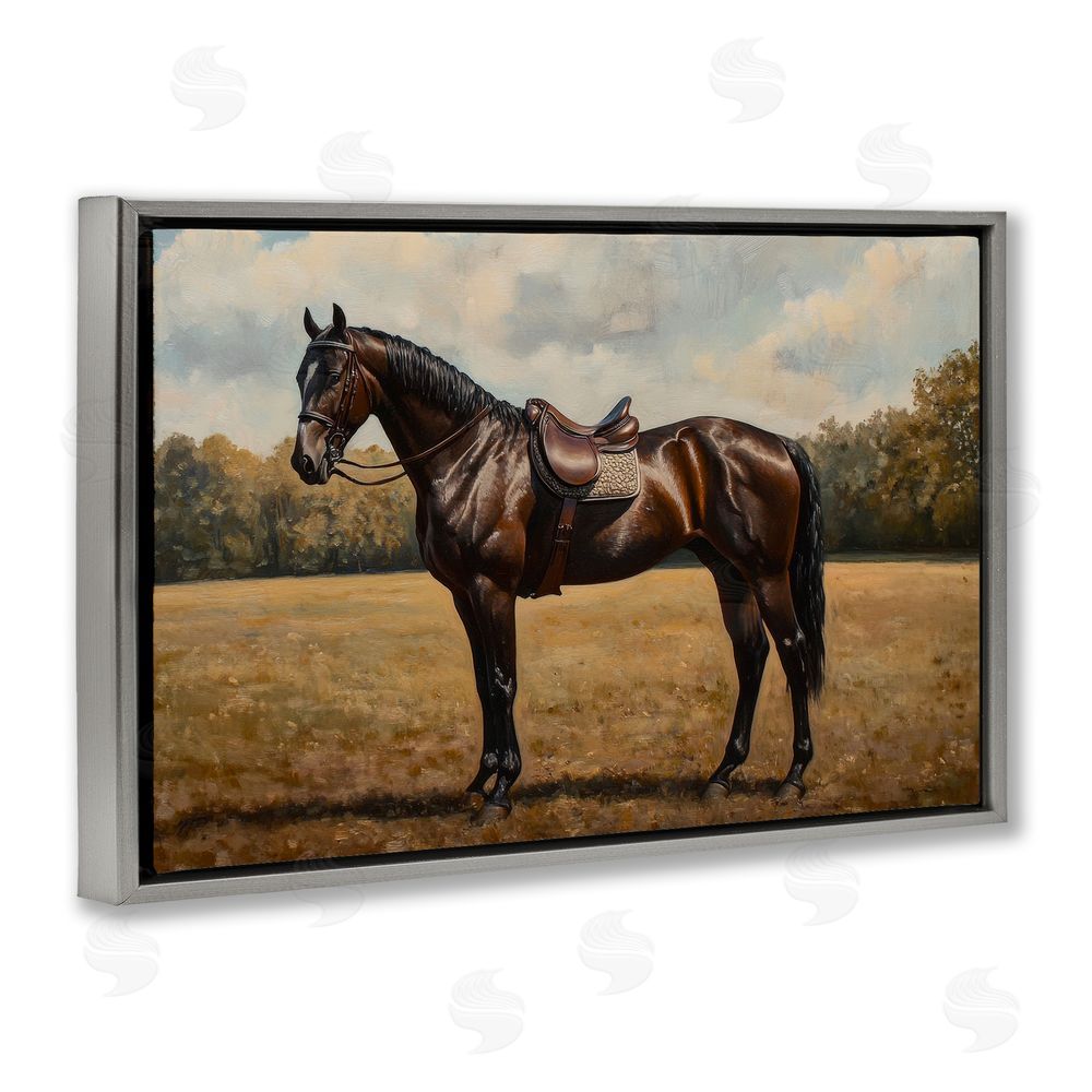 Petal Prints Design Dark Brown Pony Portrait Gray Floating Frame Canvas Wall Art Print