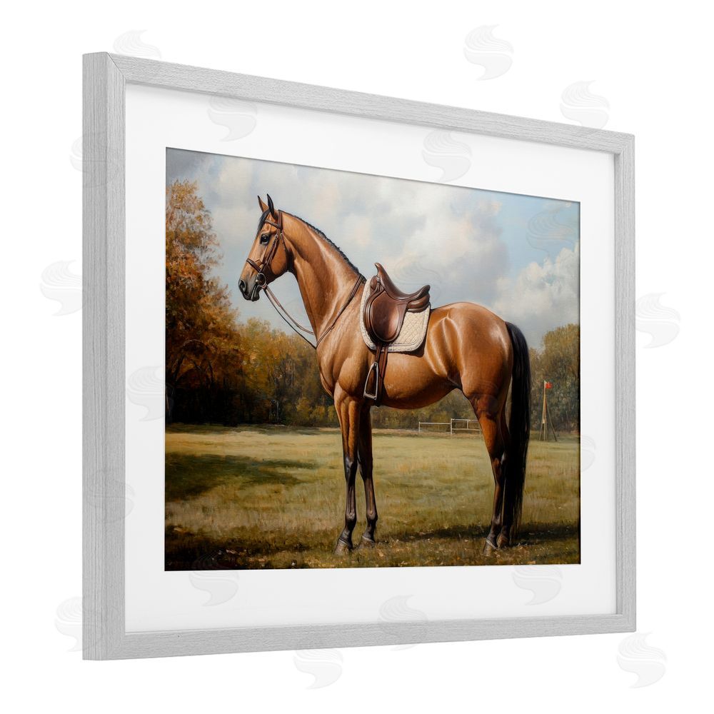 Petal Prints Design Show Ready Horse with Saddle Gray Framed Print Under Glass with White Mat Wall Art