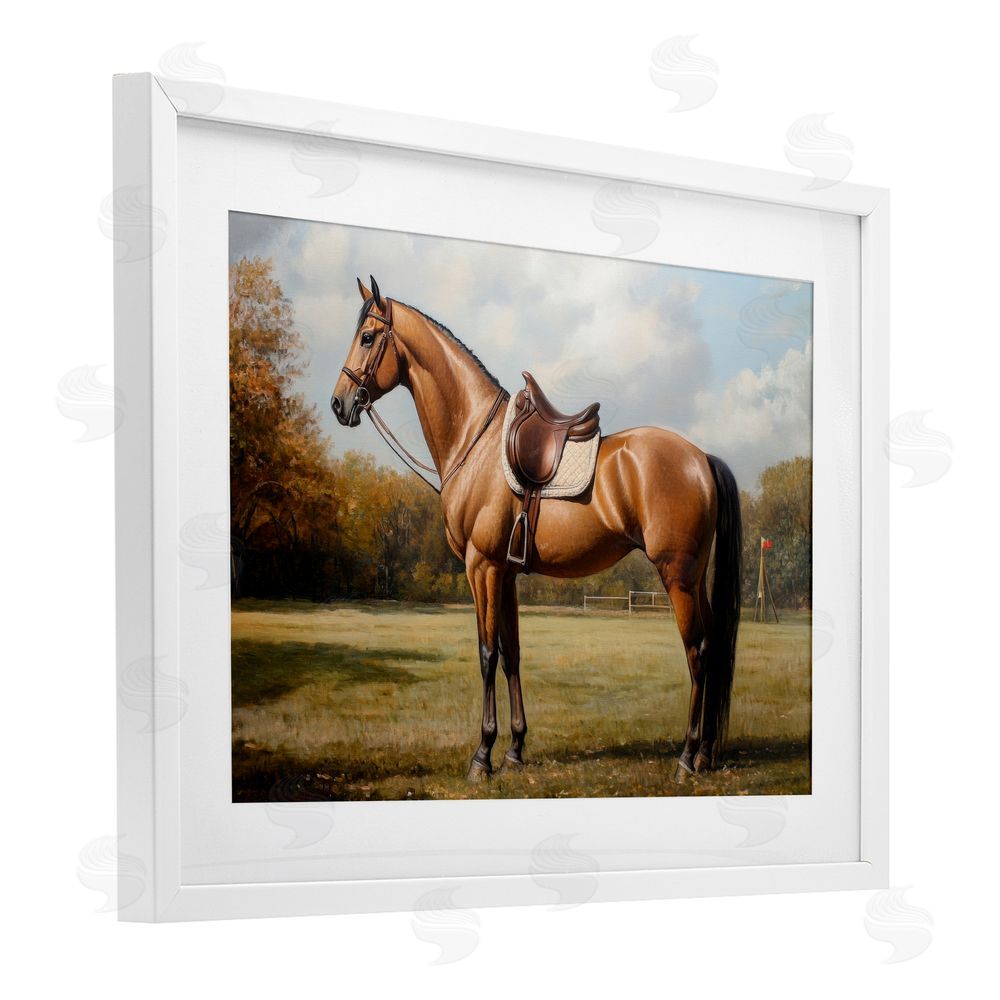 Petal Prints Design Show Ready Horse with Saddle White Framed Print Under Glass with White Mat Wall Art