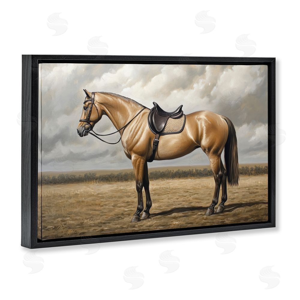 Petal Prints Design Shiny Mare Saddled Up Black Floating Framed Canvas Wall Art Print