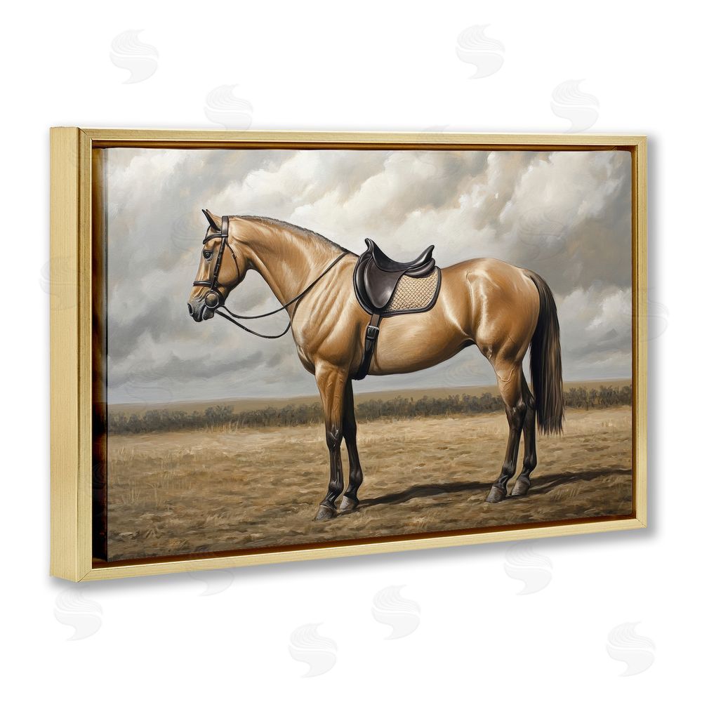 Petal Prints Design Shiny Mare Saddled Up Gold Floating Framed Canvas Wall Art Print