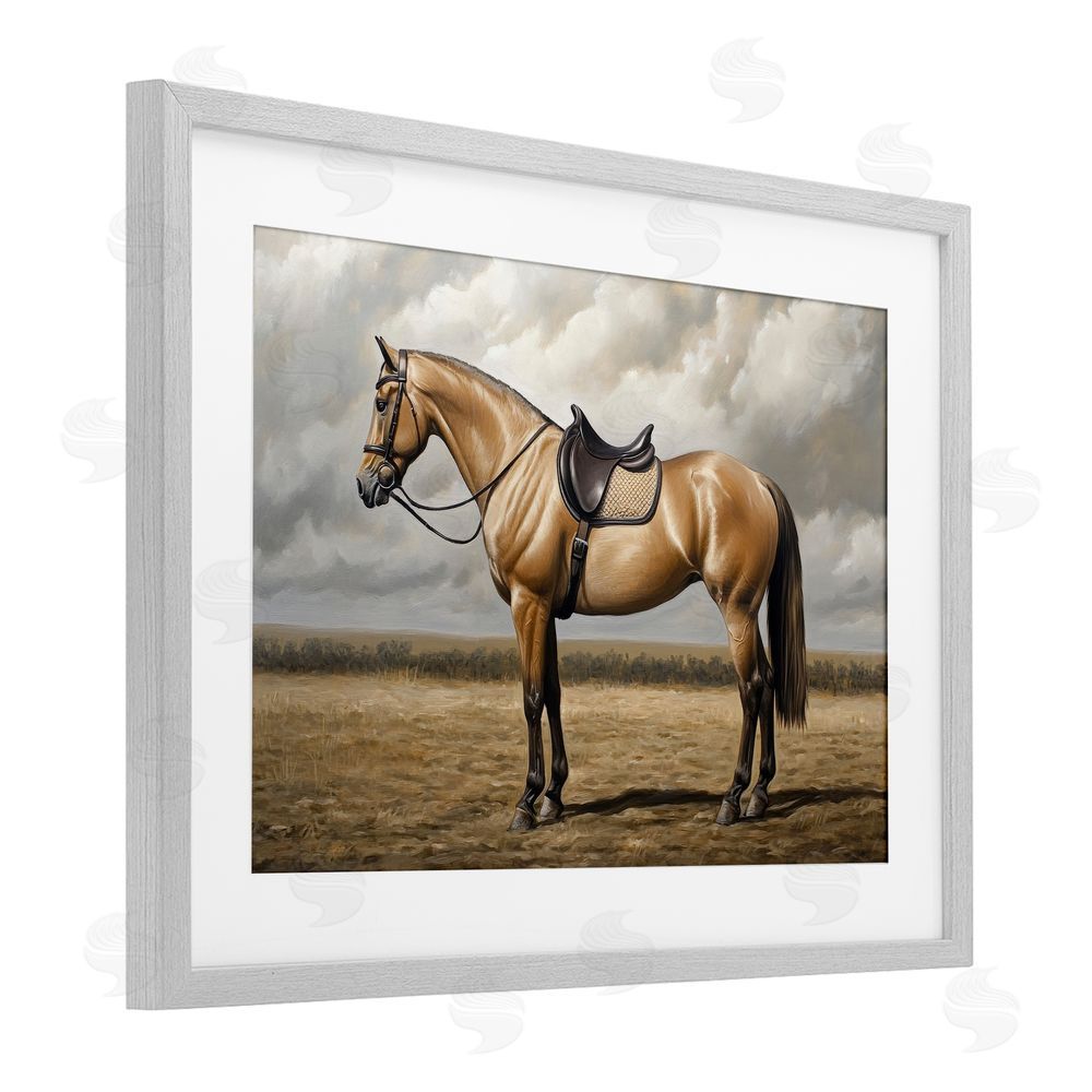 Petal Prints Design Shiny Mare Saddled Up Gray Framed Print Under Glass with White Mat Wall Art