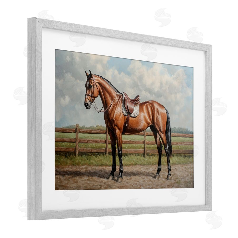 Petal Prints Design Sunshine Pony on Farm Path Gray Framed Print Under Glass with White Mat Wall Art