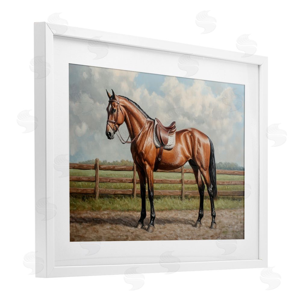 Petal Prints Design Sunshine Pony on Farm Path White Framed Print Under Glass with White Mat Wall Art