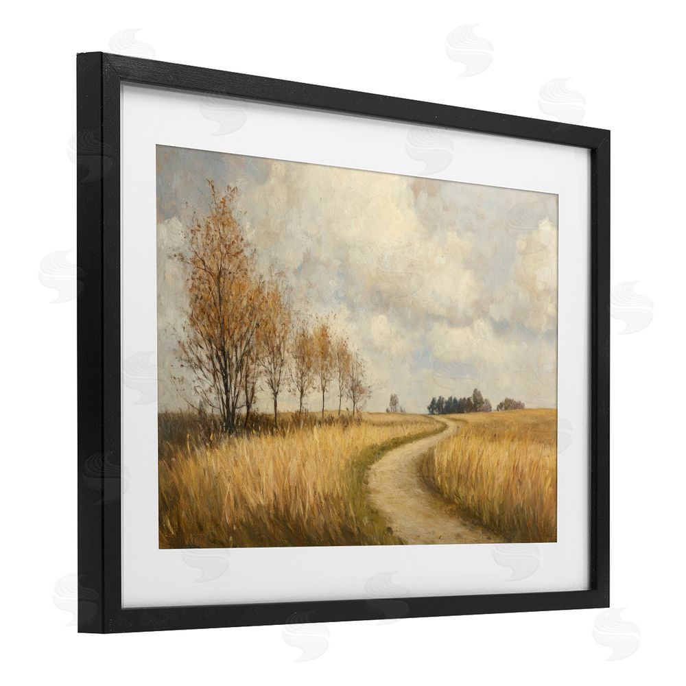 Petal Prints Design Wheat Road Path Black Framed Print Under Glass with White Mat Wall Art