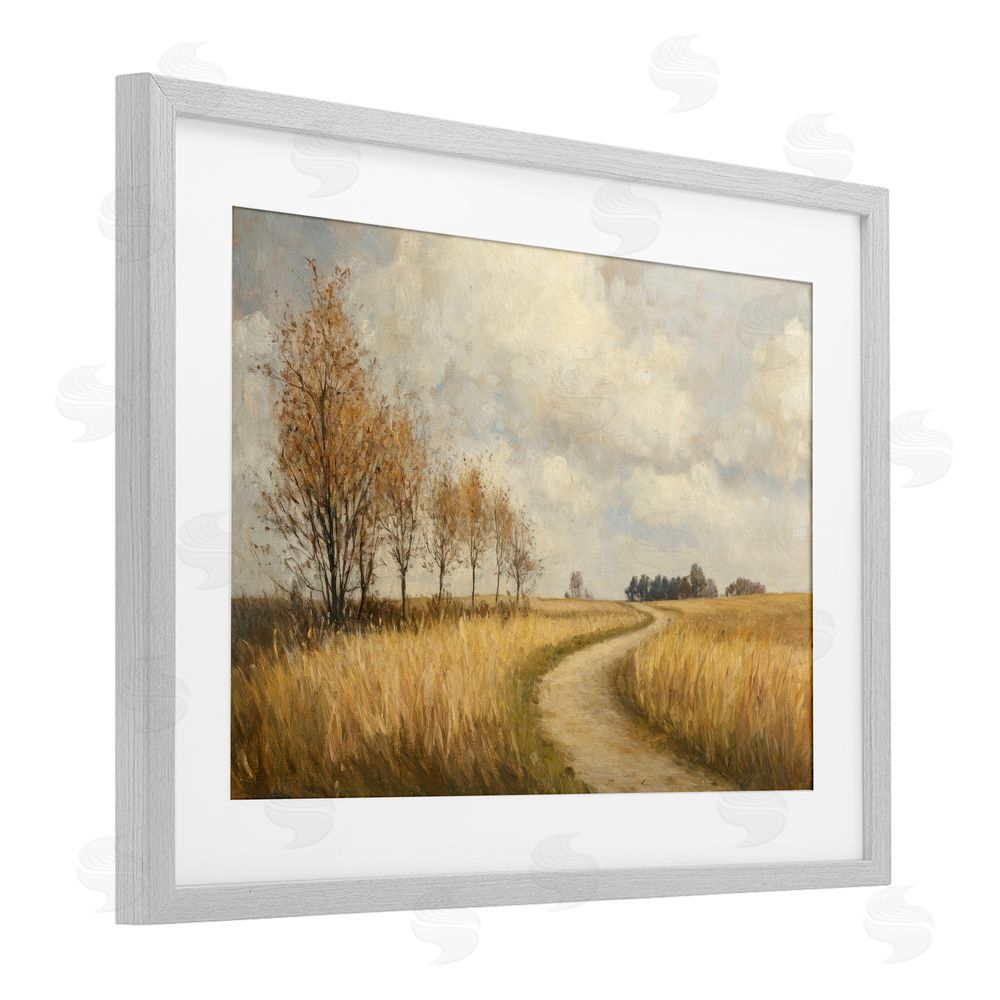 Petal Prints Design Wheat Road Path Gray Framed Print Under Glass with White Mat Wall Art