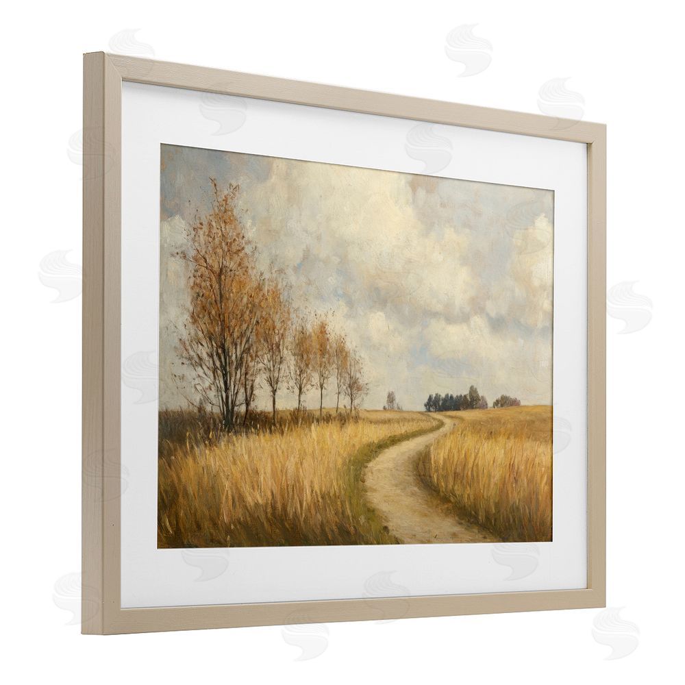 Petal Prints Design Wheat Road Path Birch Framed Print Under Glass with White Mat Wall Art