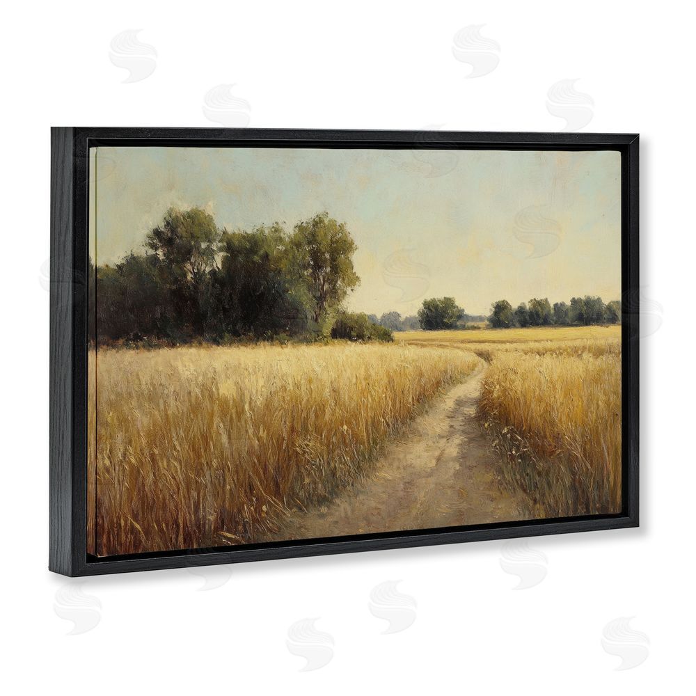 Petal Prints Design Sunlit Country Wheat Path Black Floating Framed Canvas Wall Art Print