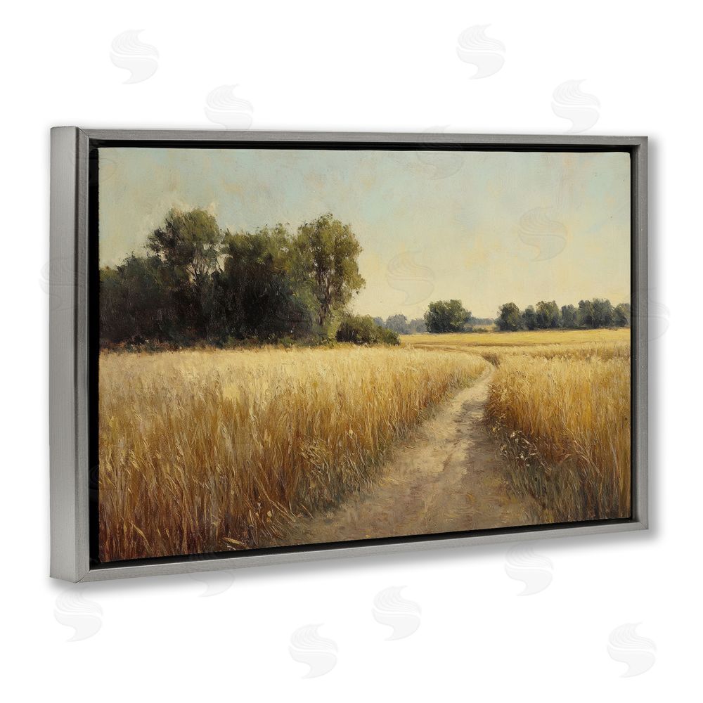 Petal Prints Design Sunlit Country Wheat Path Gray Floating Framed Canvas Wall Art Print