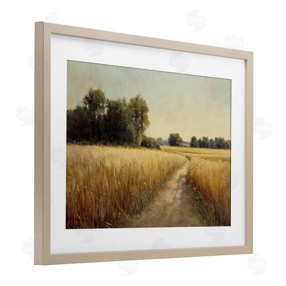 Petal Prints Design Sunlit Country Wheat Path Brown Framed Print Under Glass with White Mat Wall Art