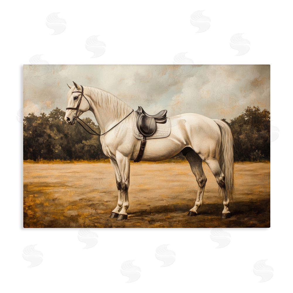 Petal Prints Design White Mare with Saddle Stretched Canvas Wall Art Print