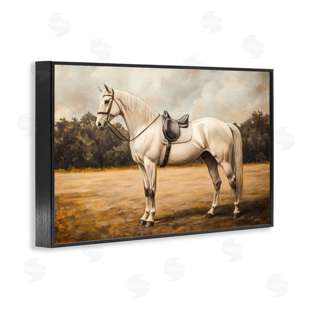Petal Prints Design White Mare with Saddle Black Framed Giclee Wall Art Print