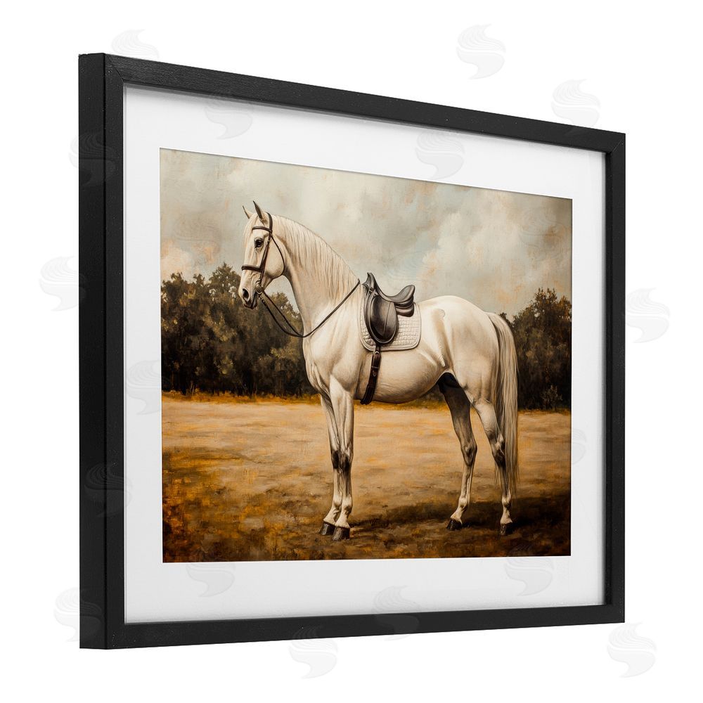 Petal Prints Design White Mare with Saddle Black Framed Print Under Glass with White Mat Wall Art