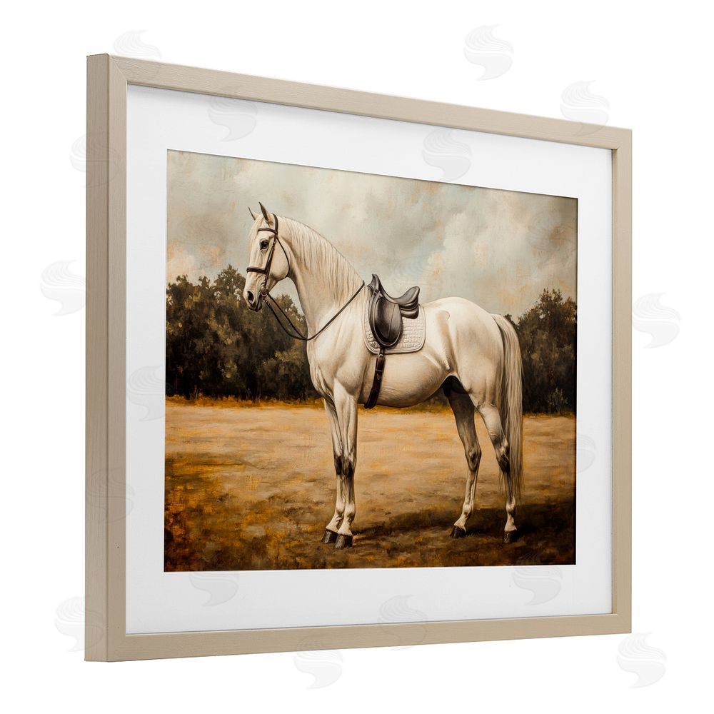 Petal Prints Design White Mare with Saddle Brown Framed Print Under Glass with White Mat Wall Art