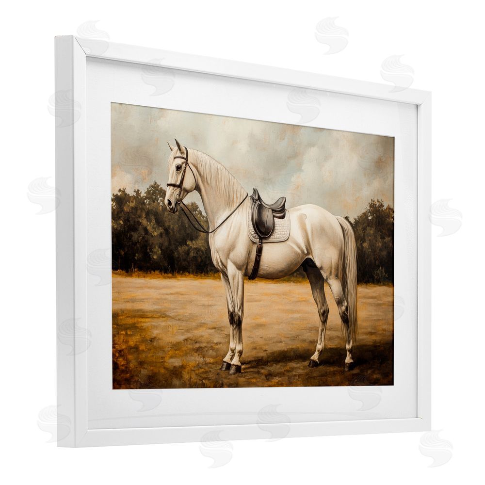 Petal Prints Design White Mare with Saddle White Framed Print Under Glass with White Mat Wall Art