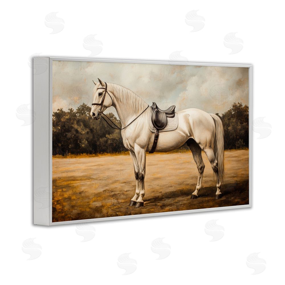 Petal Prints Design White Mare with Saddle White Framed Giclee Wall Art Print