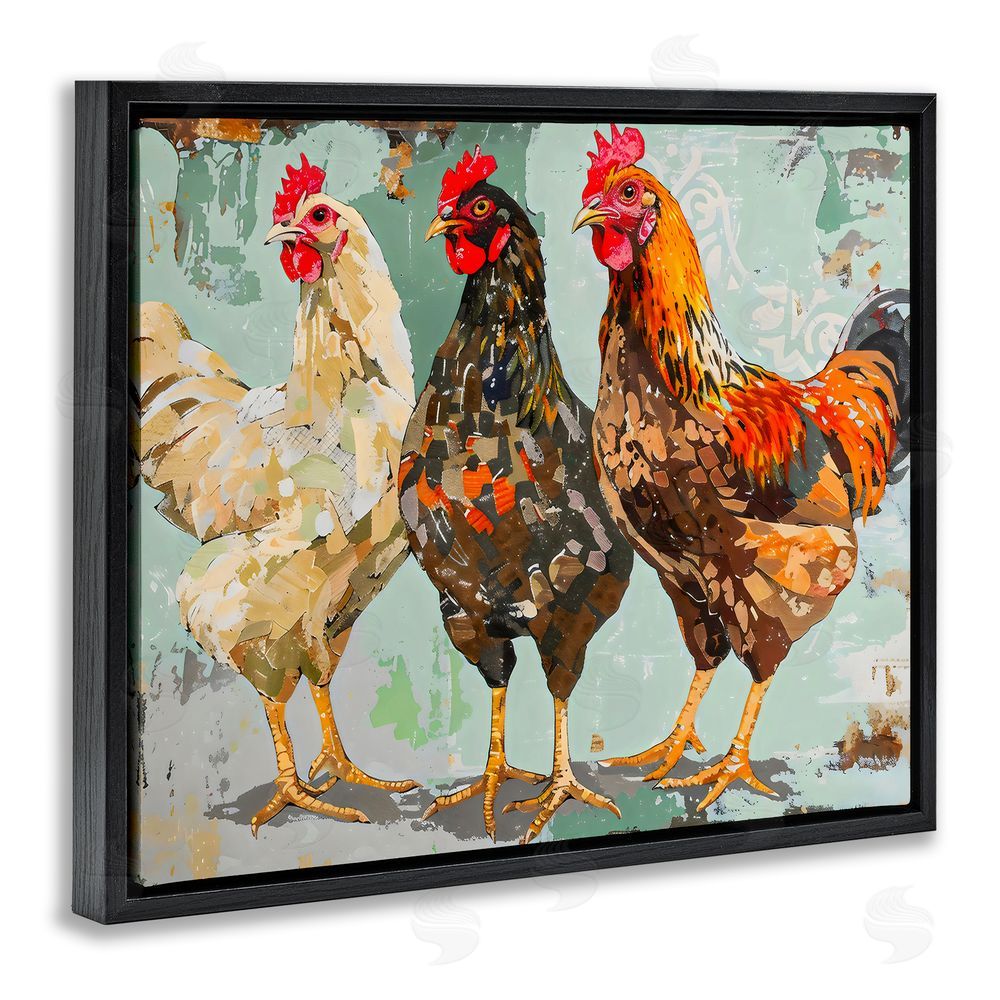 Creative Studio Abstract Chickens Trio Black Floating Frame Stretched Canvas Wall Art Print