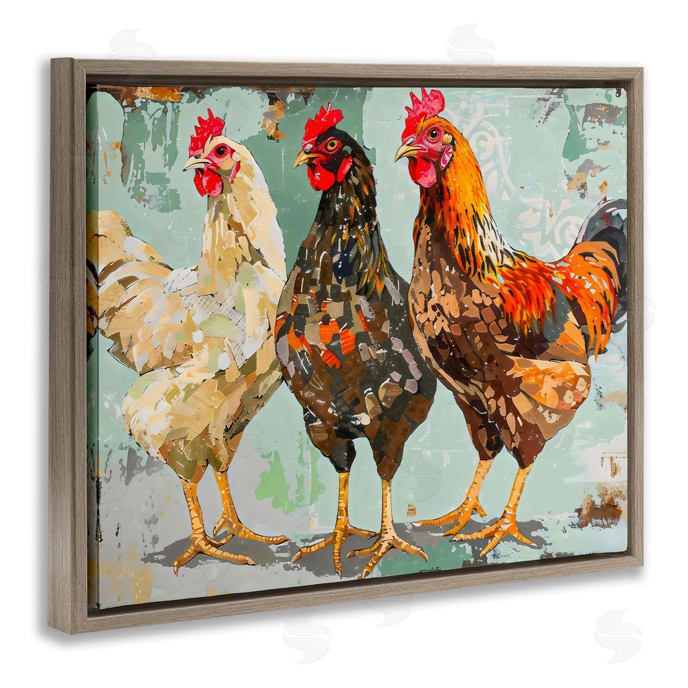 Creative Studio Abstract Chickens Trio Brown Floating Frame Stretched Canvas Wall Art Print