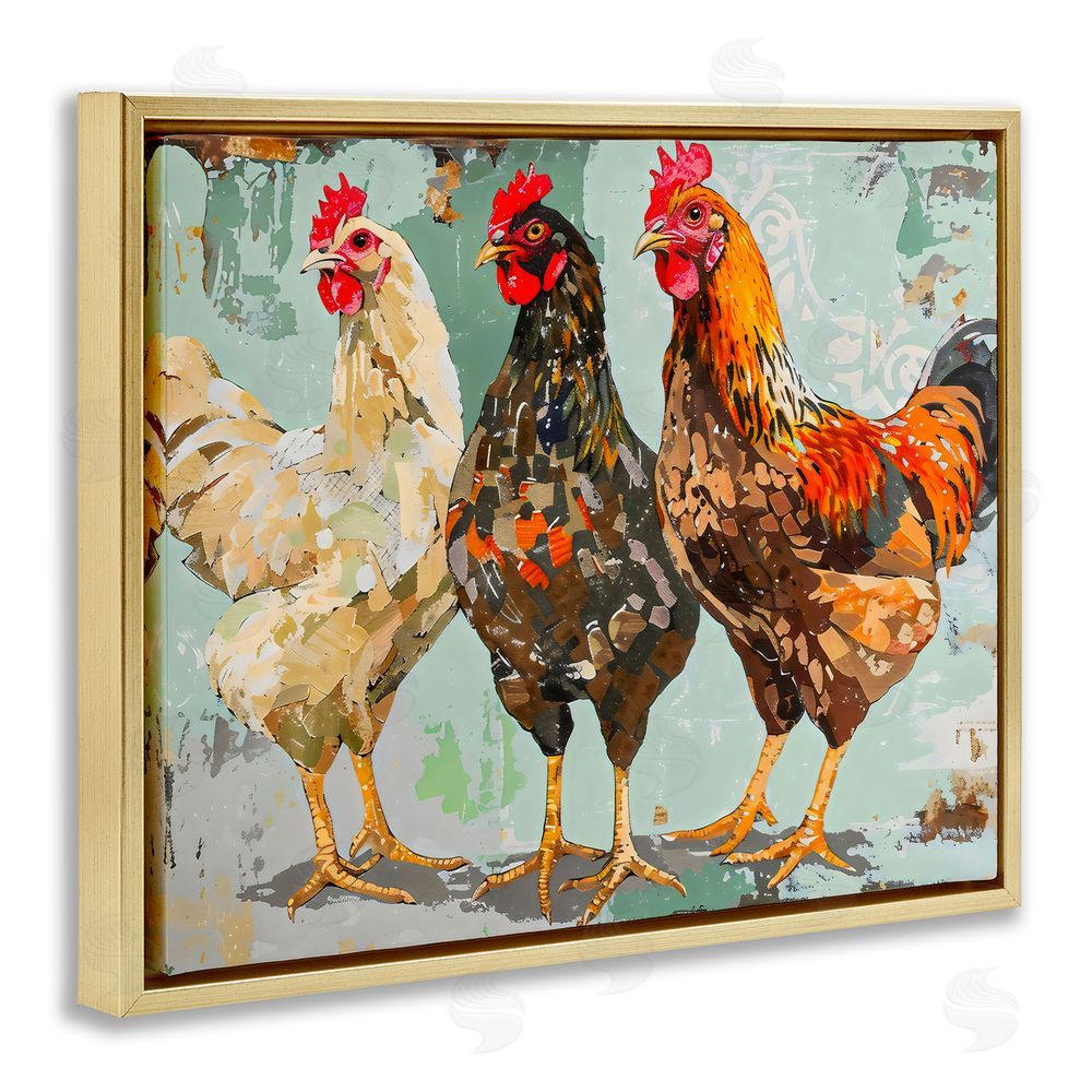 Creative Studio Abstract Chickens Trio Gold Floating Frame Stretched Canvas Wall Art Print