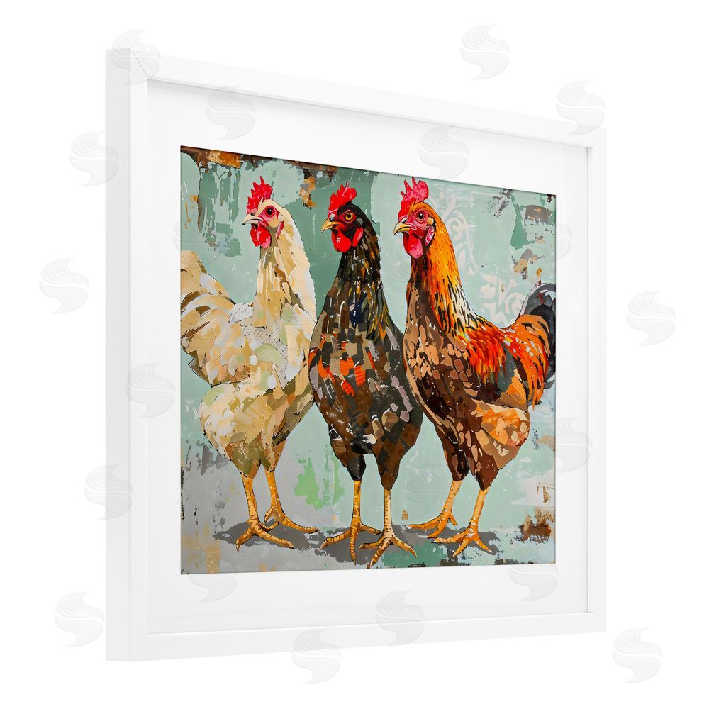 Creative Studio Abstract Chickens Trio White Framed Print Under Glass with Matting Wall Art