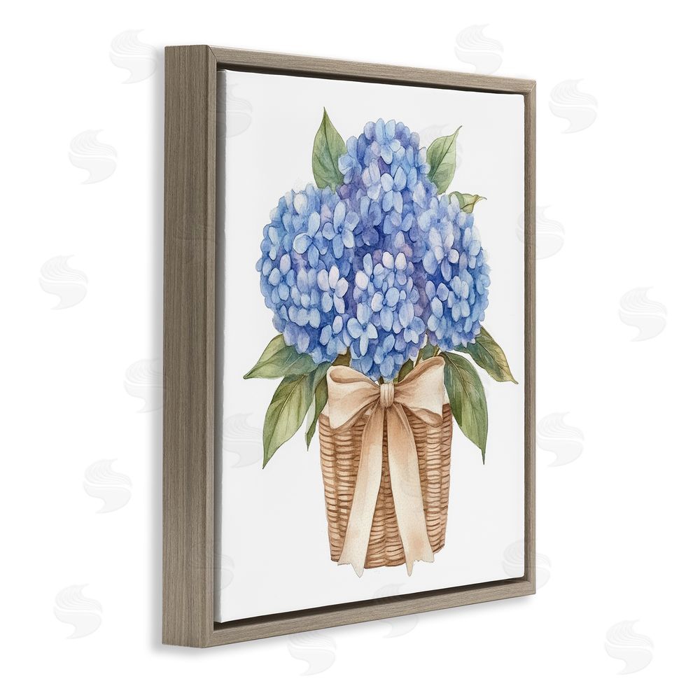 Petal Prints Design Blue Hydrangea Picnic Basket Brown Floating Frame Stretched Canvas Wall Art Print