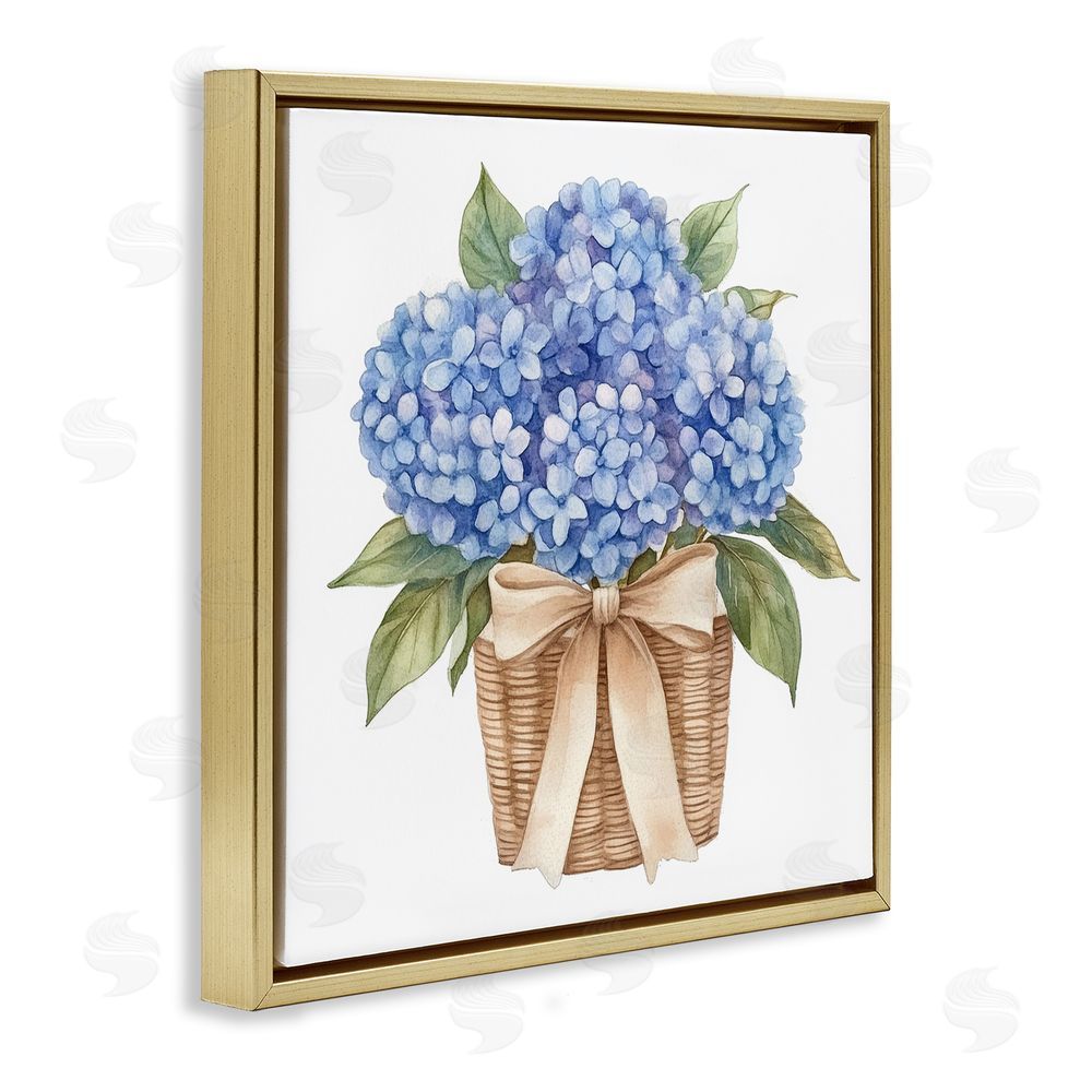 Petal Prints Design Blue Hydrangea Picnic Basket Gold Floating Frame Stretched Canvas Wall Art Print