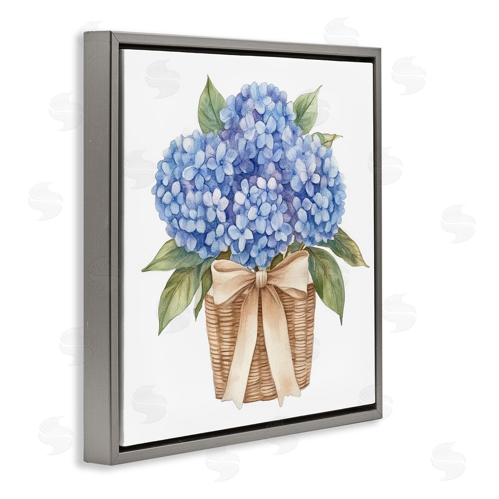 Petal Prints Design Blue Hydrangea Picnic Basket Gray Floating Frame Stretched Canvas Wall Art Print