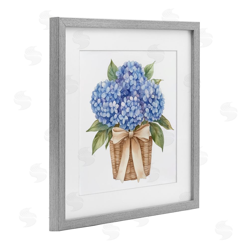 Petal Prints Design Blue Hydrangea Picnic Basket Gray Framed Print Under Glass with Matting Wall Art