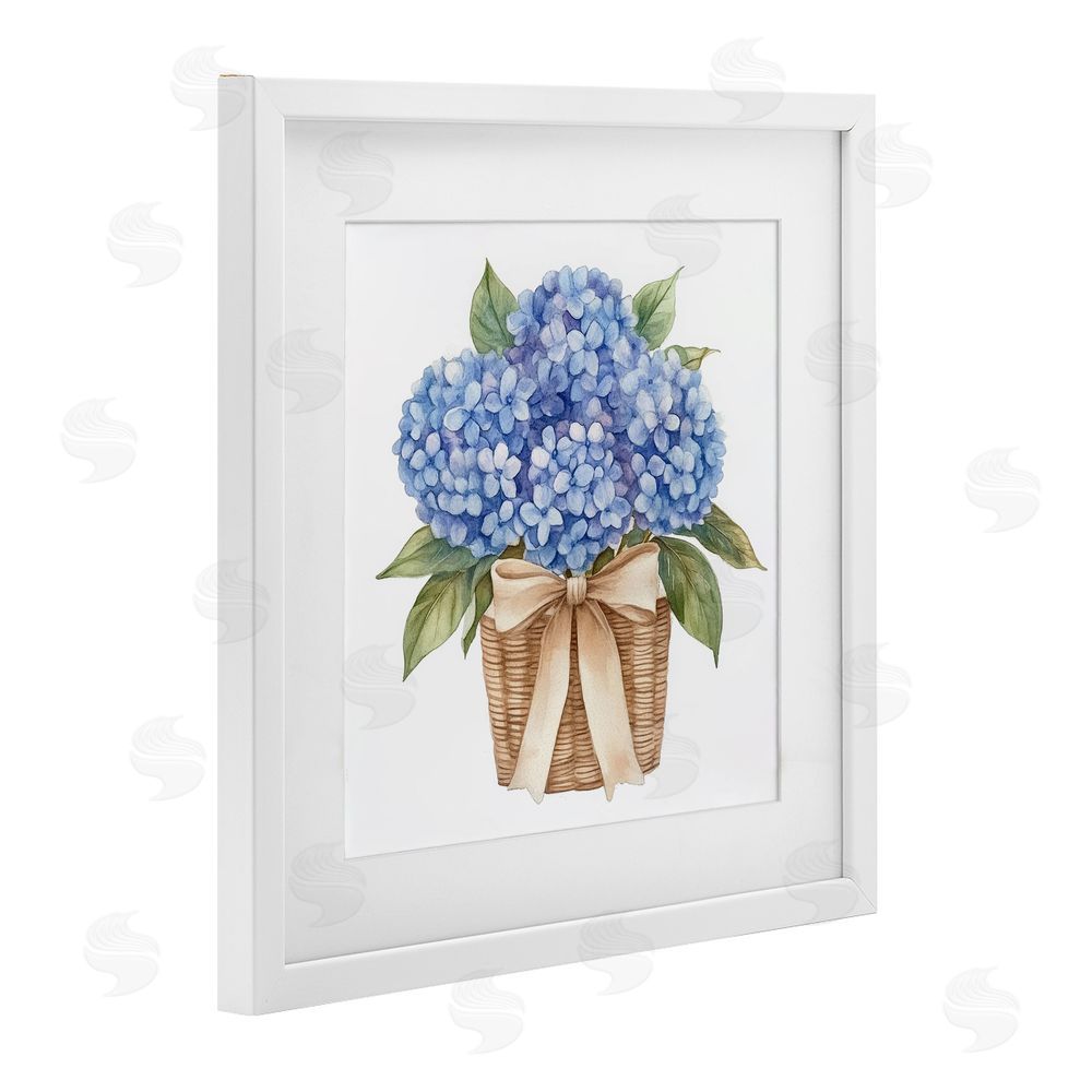 Petal Prints Design Blue Hydrangea Picnic Basket White Framed Print Under Glass with Matting Wall Art