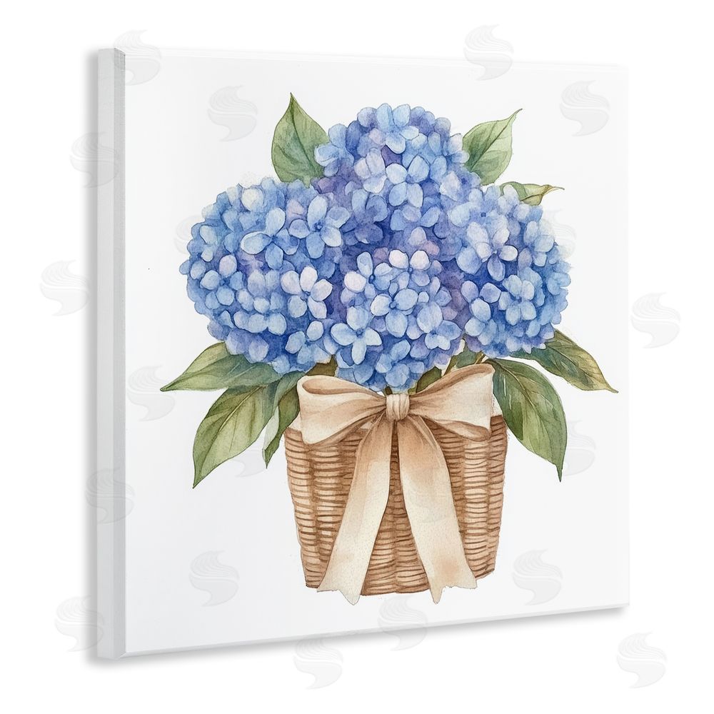 Petal Prints Design Blue Hydrangea Picnic Basket Wall Plaque Art Print with White Foil Wrap