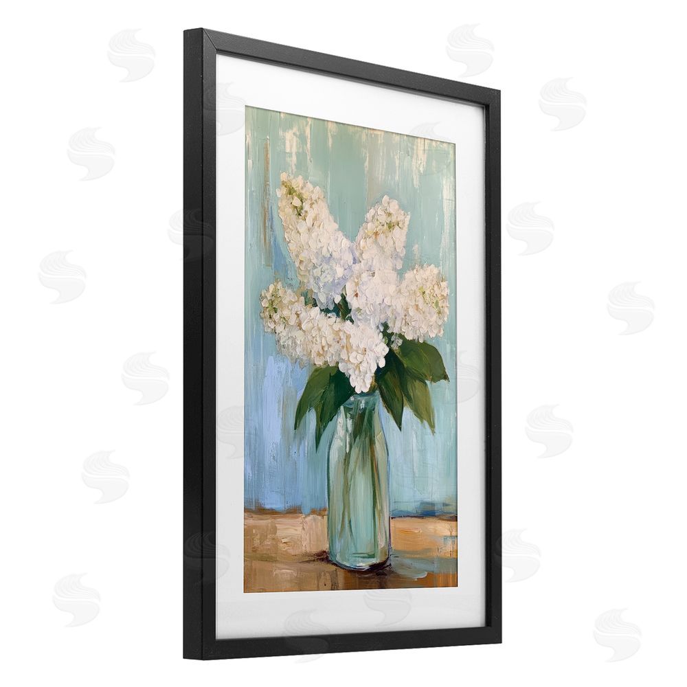 Petal Prints Design Tall Flowers in Glass Vase Black Framed Print Under Glass with White Mat Wall Art