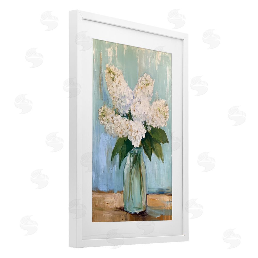 Petal Prints Design Tall Flowers in Glass Vase White Framed Print Under Glass with White Mat Wall Art