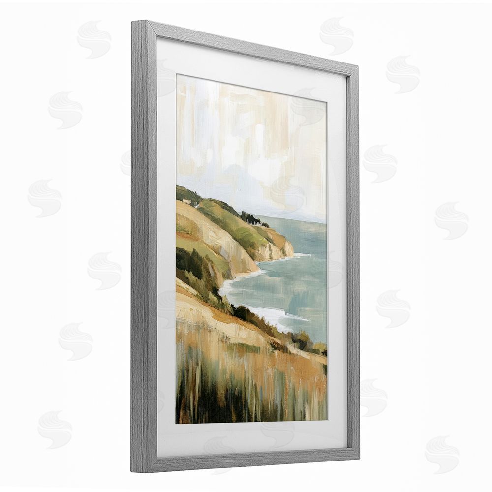 Petal Prints Design Serene Cliff in Morning Light Gray Framed Print Under Glass with White Mat Wall Art