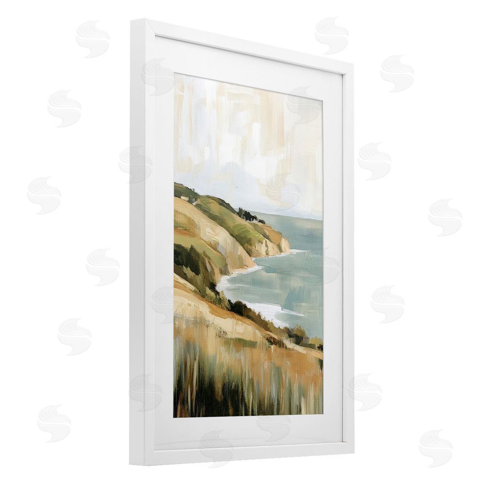 Petal Prints Design Serene Cliff in Morning Light White Framed Print Under Glass with White Mat Wall Art