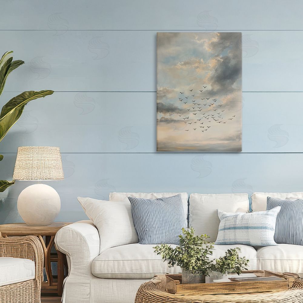 Petal Prints Design Birds in the Clouds at Dusk Stretched Canvas Wall Art Print in Room