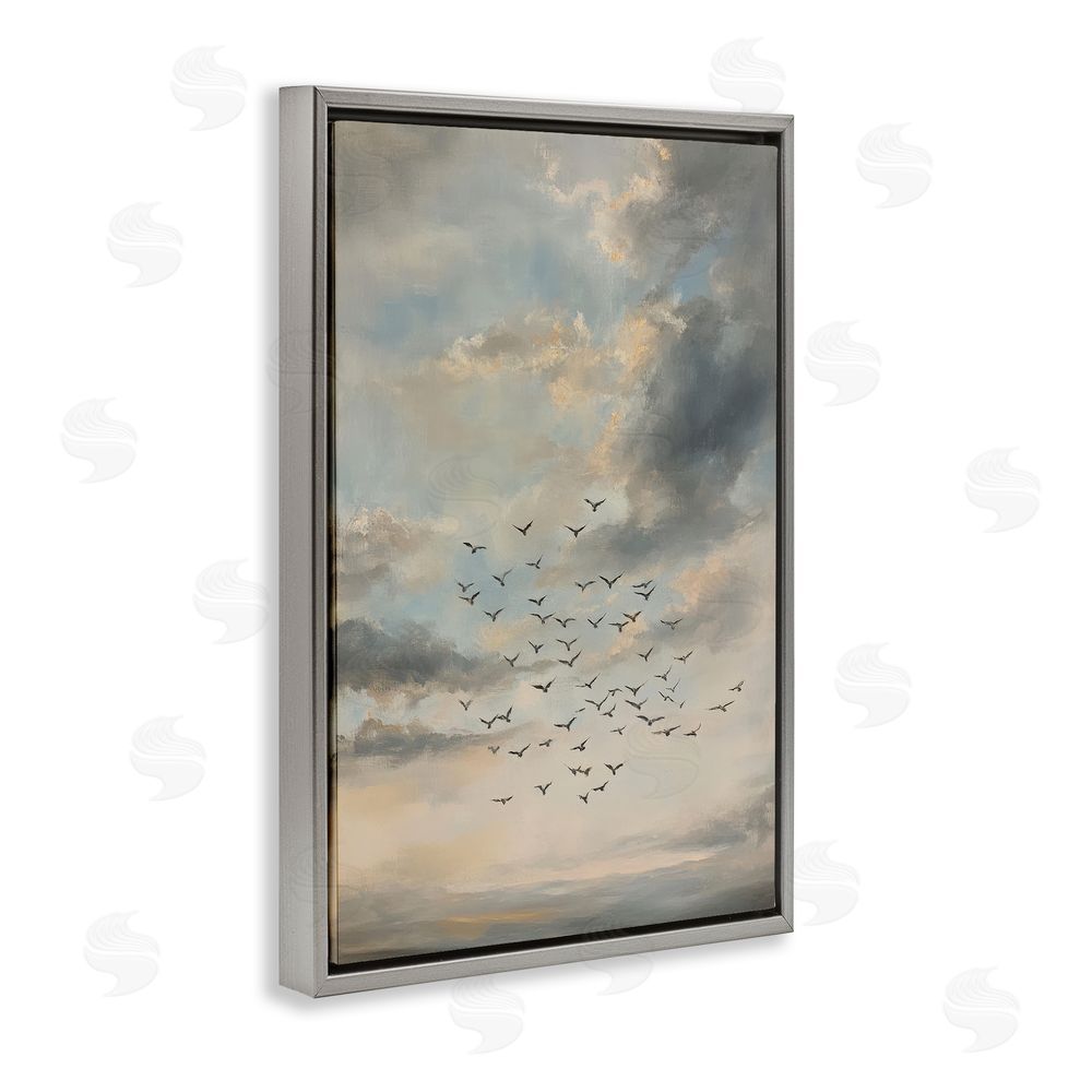 Petal Prints Design Birds in the Clouds at Dusk Gray Floating Frame Stretched Canvas Wall Art Print
