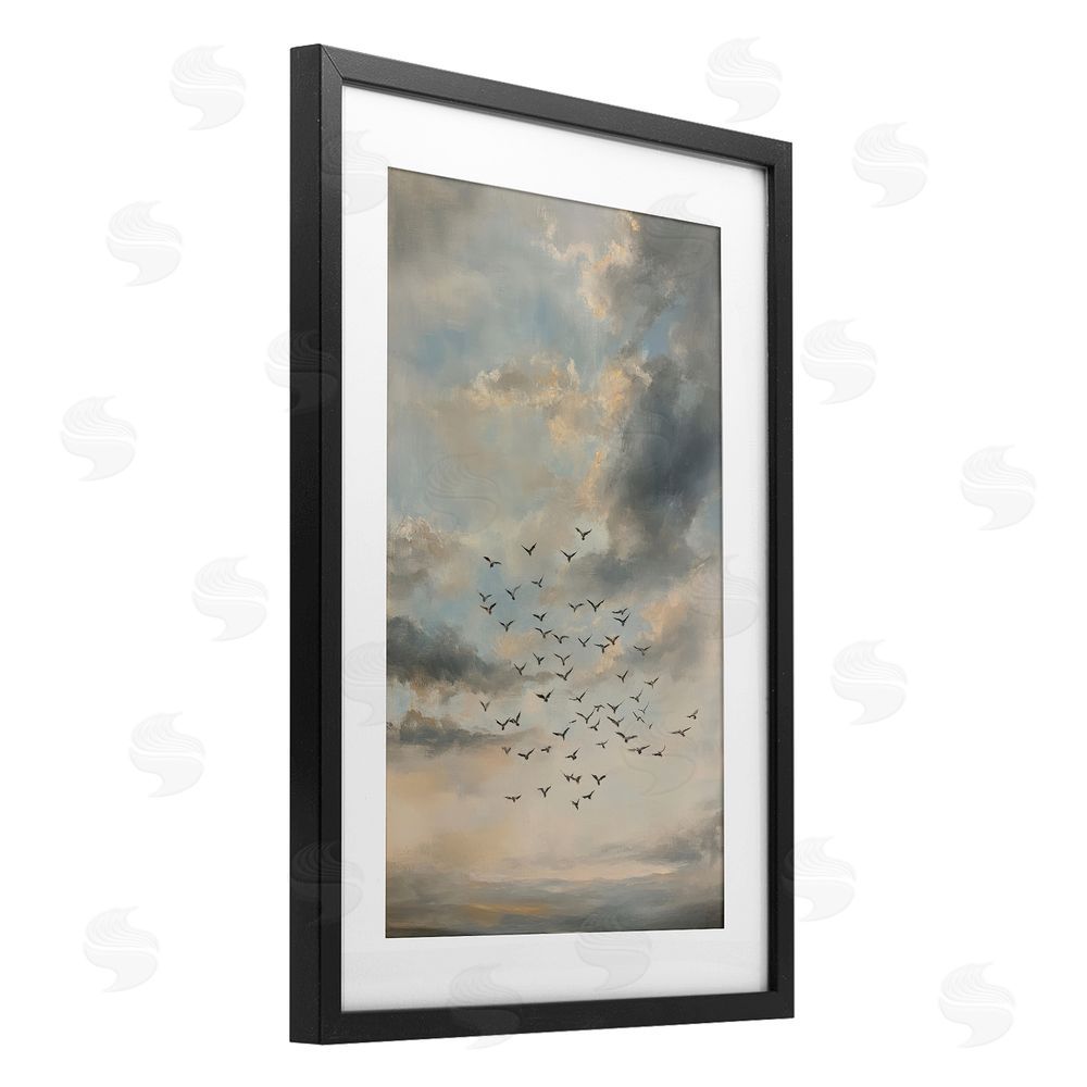 Petal Prints Design Birds in the Clouds at Dusk Black Framed Print Under Glass with Matting Wall Art
