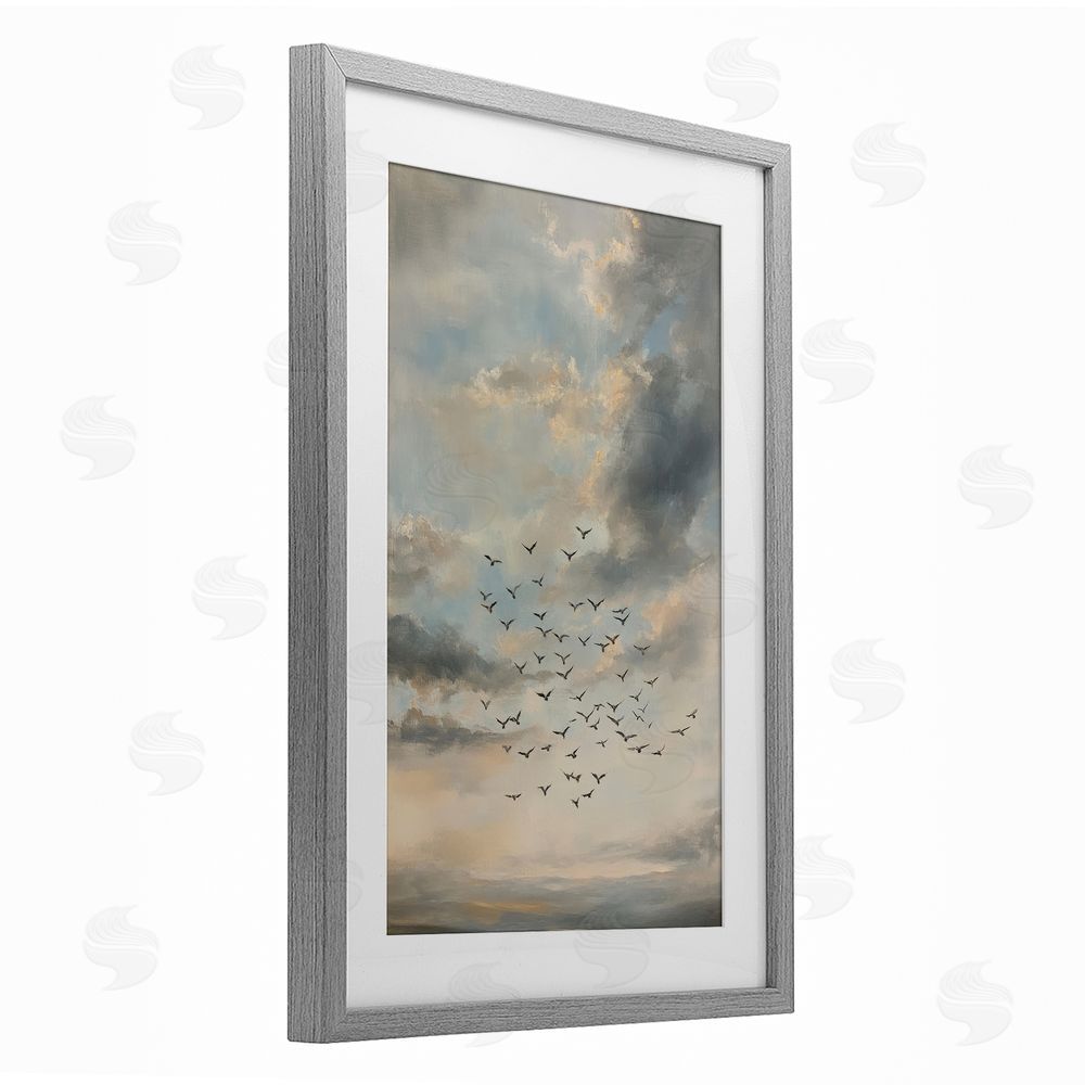 Petal Prints Design Birds in the Clouds at Dusk Gray Framed Print Under Glass with Matting Wall Art