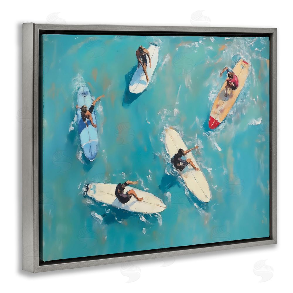 LSR Design Studio Group of Surfers at Sea Gray Floating Framed Canvas Wall Art