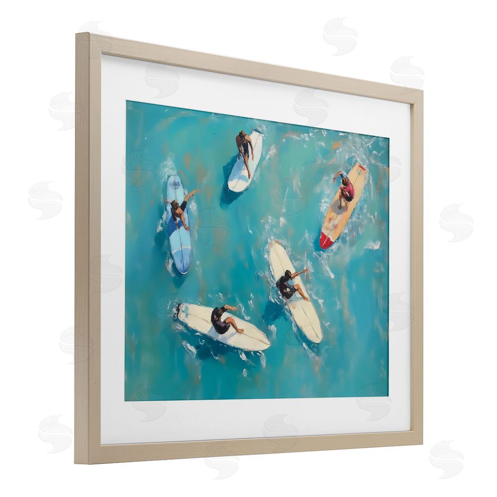 LSR Design Studio Group of Surfers at Sea Brown Framed Print Under Glass Wall Art