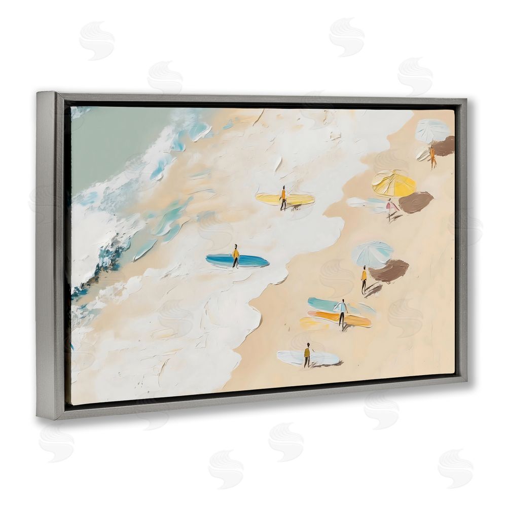 LSR Design Studio Beach Surf Summer Scene Gray Floating Frame Stretched Canvas Wall Art Print
