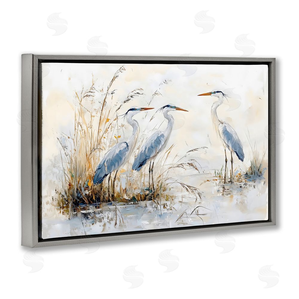 LSR Design Studio Blue Heron Trio in Wetlands Gray Floating Frame Stretched Canvas Wall Art Print